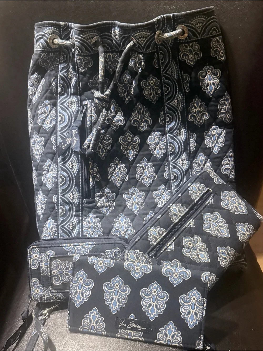 Vera Bradley VTG Blue quilted Calypso drawstring bag bundle